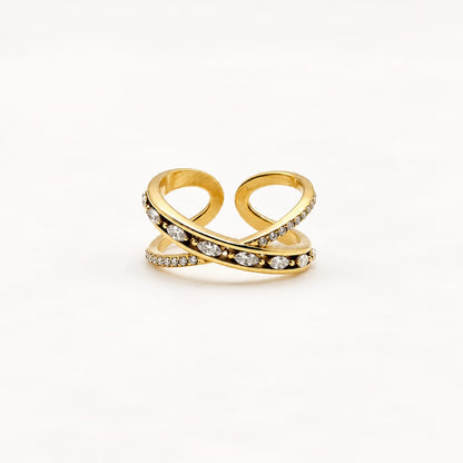 ALIA – Bague ajustable dorée croisée à strass