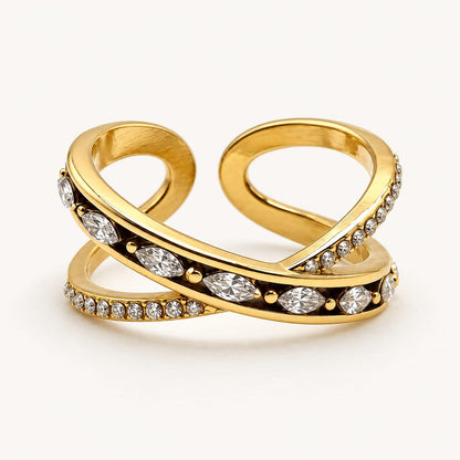 ALIA – Bague ajustable dorée croisée à strass