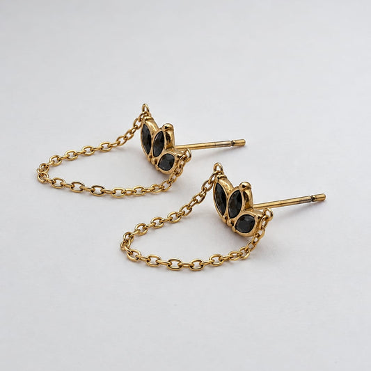 FLORE - Boucles d'oreilles  dorées à pétales noirs & chaîne