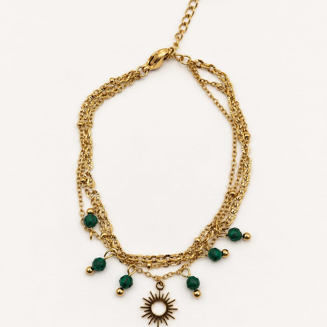 NOMI – Bracelet doré soleil & perles vertes