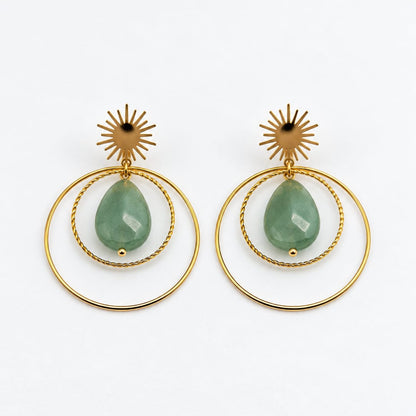 RIHANA - Boucles d'oreilles  soleil dorées avec  pierre verte