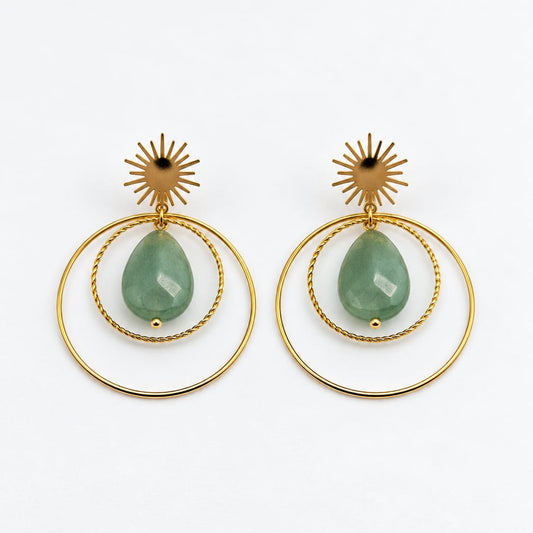 RIHANA - Boucles d'oreilles  soleil dorées avec  pierre verte