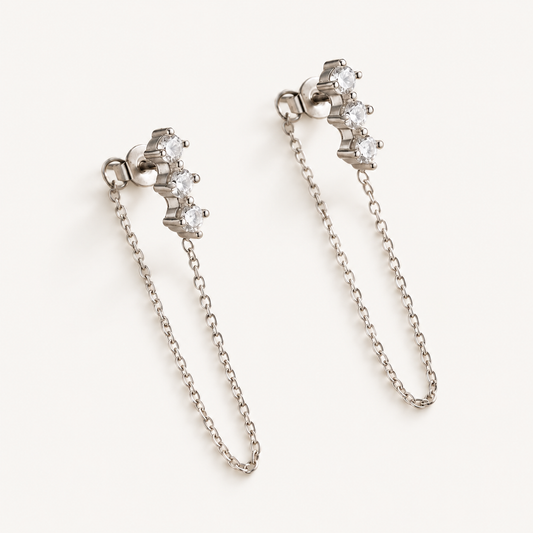 CRISTAL – Boucles d’oreilles à trois pierres et chaîne